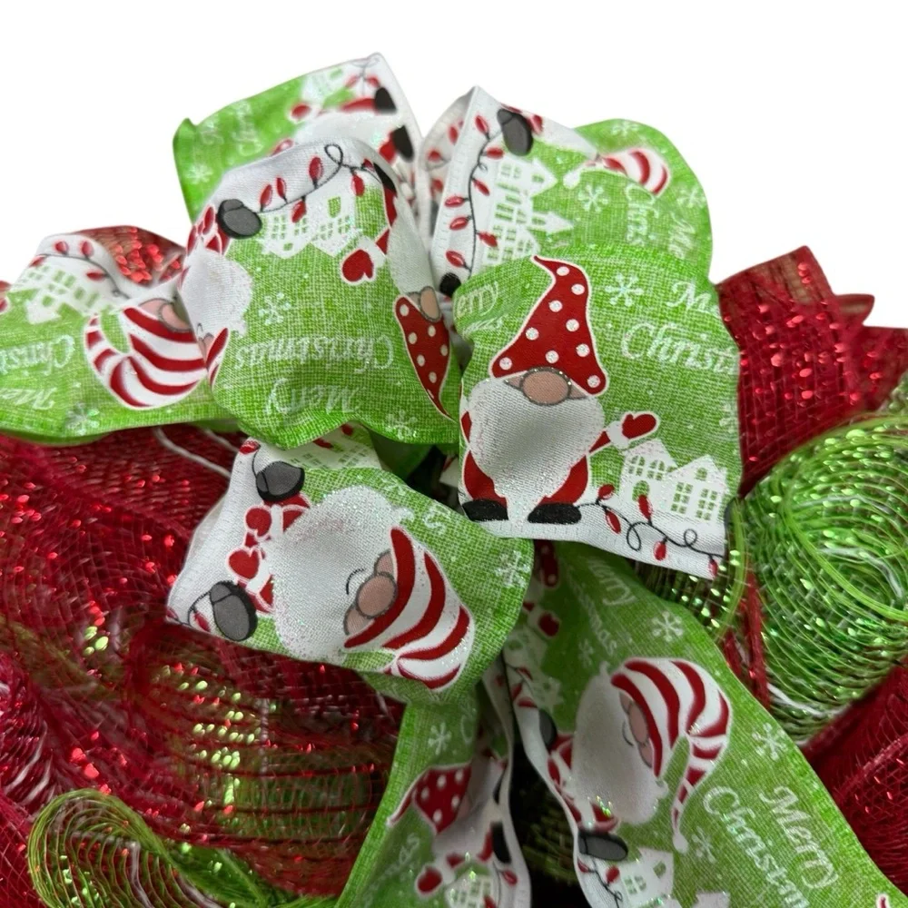 Handmade Christmas Gnome Deco Mesh Wreath Red & Green Santa Ribbon 17